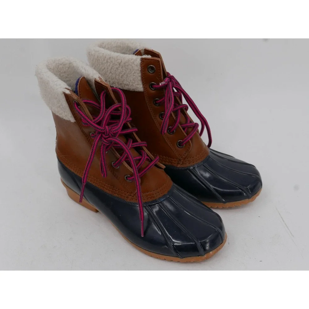 Bass Harlequin Winter Boots Brown Navy Faux Fur Ankle Lace Up Womens Size 6